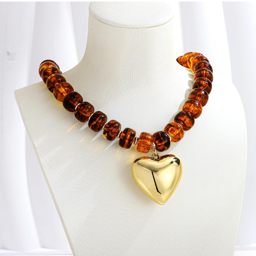 New! Tortoise Beaded Gold Heart Charm Necklace (4689)